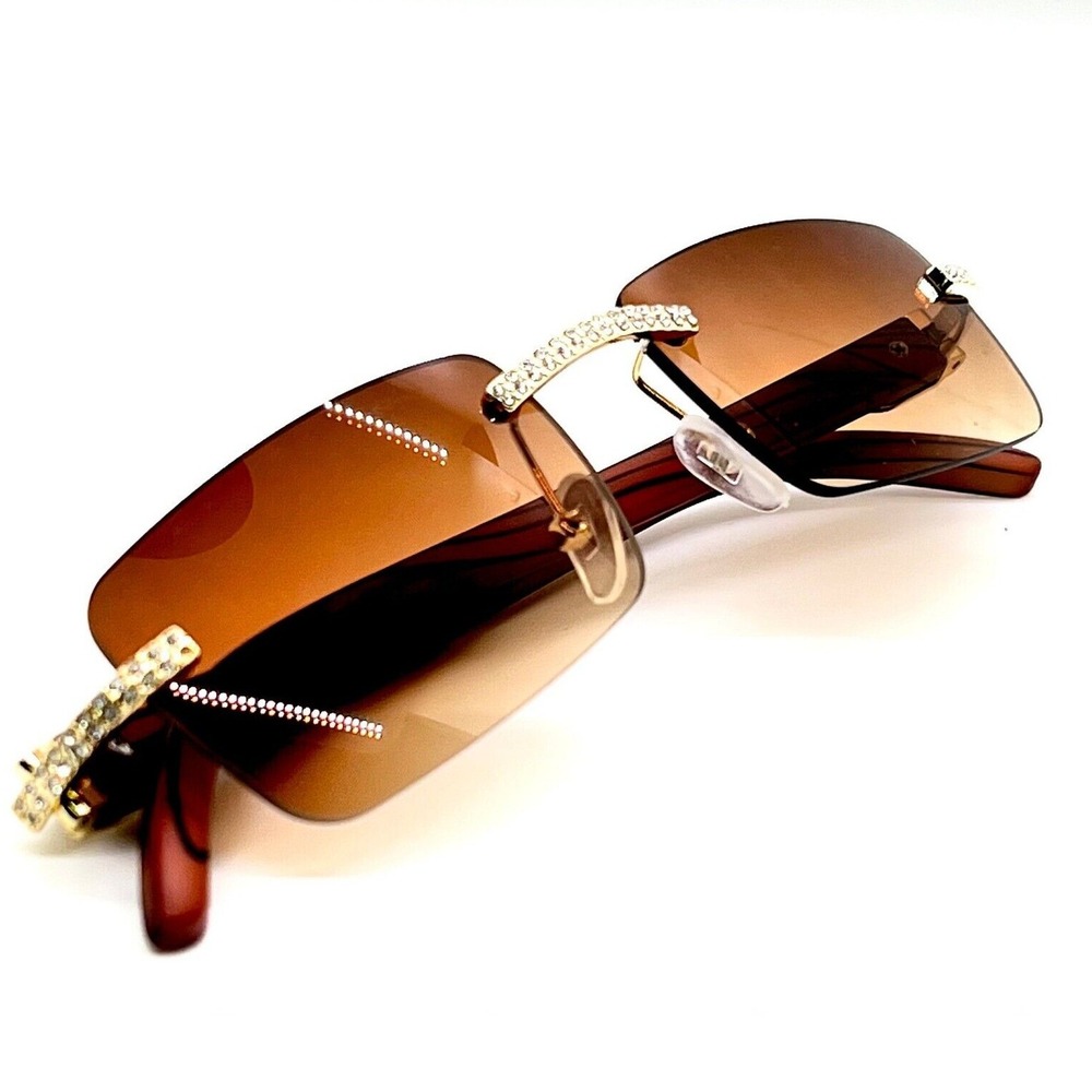 Square Men Sunglasses Rimless Brown Lens Fashion HipHop Retro Street Trendy Wear